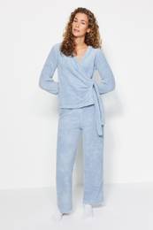 Light Blue Double Breasted Collar Wellsoft Winter Knitted Pajamas Set
