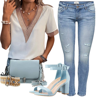 Outfit mit Braun/Creme/Beige/Weiß/Khaki Elegante Bluse/Bluse/Boho-Bluse/Spitzenbluse/Bluse Oberteil/Offene Bluse/Kurzarmbluse GORGLITTER "Perfektes Büro Outfit"