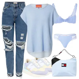 Schicke Outfits Coole mit Blau Boyfriend Jean/High Waist Jeans/Jeans mit Loch/Lederjacken Only "Schickes Sommer Outfit"Look: Uni, 90er, Coole