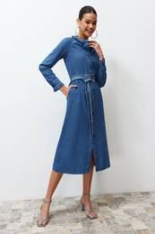 Blue Ruffle Collar Denim Maxi Dress