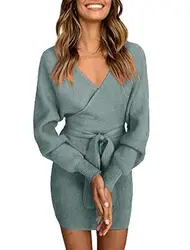 ZIYYOOHY Damen Elegant Strickkleid Pulloverkleid Tunika Kleid V-Ausschnitt Langarm Minikleid Mit Gürtel（251-GNM