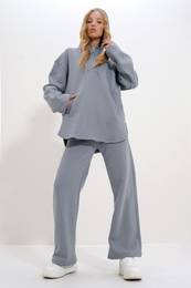 Trend Alaat Stili Women's Gray Hooded Zippered Double Pocket 3 Yarn Inside Raised Tracksuit