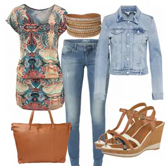 Hippie Outfits Moderne mit Blau/Hellblau Lederjacke/Jeans mit Loch/Low Rise Jean/Low Waist Jean/Push up Jeans Only "Hippiemuster"Look: Uni, Coole, Disco, Zuhause, Moderne, Schön
