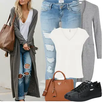 Outfit sa Tamnosiva/Svjetlosiva/Siva Pletivo Veći Broj/Haljina Veći Broj/Kaput/Tunika Vila "Proljetni Outfit"