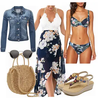 Edel Outfit mit Rosa/Dunkelblau Kleid mit Schlitz/2-in-1 Kleid/Lässiges Kleid/MaxiKleid/StrandKleid/Langes SommerKleid/Geblümte Kleid Blooming Jelly "Only"Look: Edel, Casual, Boho, Elegant, Ausgefallene, Smart Casual, Festlich