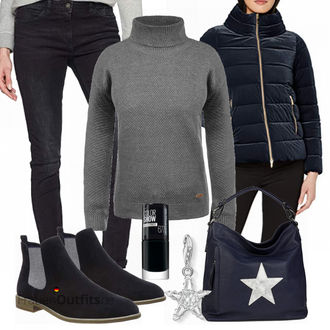 Outfit mit Schwarz/Dunkelblau/Blau/Hellblau Gefütterte Stiefelette/SommerStiefelette/Flache Stiefelette/Chelsea Boot Tamaris "Desires pullover"