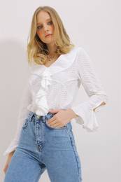 Trend Alaat Stili Women's White Long Sleeve V Neck Jacquard Frilly Blouse