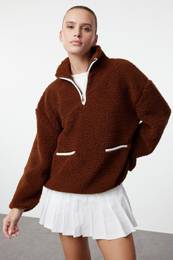 Brown Color Blocked Plush Oversize/Wide Fit Zipper Collar Knitted Sweatshirt