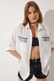 Happiness stanbul Women's White Embroidered Oversize Linen Ayrobin Shirt with Pockets