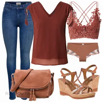 Outfit mit Dunkelrot/Rot/Braun/Bordeaux T-Shirt & Top/Blusenoberteil/Strick Top/Strickshirt/Hemdoberteil/Herrenschuhe/Wickelshirt/Blusenbody/Bluse Oberteil/Bluse Mit Schleife/Crash­bluse/Lederjacke/Verspielte Bluse/Kurzarmbluse/Schluppenbluse VERO MODA "Buntes Sommer Outfit"