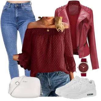 Mit Nieten Biker Outfit mit Rot/Dunkelrot Jacke mit Seitlichem Reißverschluss/Motorradjacke/Bikerjacke/KunstLederjacke GITVIENAR "Outfit für den Frühling"Look: Mit Nieten, Reiten, Motorrad