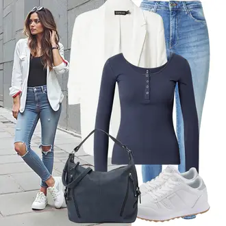 Outfit mit HellBlau/Blau Lederjacke/Ankle Boot/High Waist Jeans/Jeans mit Schlitz/Jeans mit Loch/Push up Jeans/Schlupfjeans/Cuir Chaussures/男士皮夹克/Winterjacke VERO MODA "Stylisches Outfit für den Frühling"