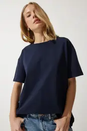 Happiness stanbul Women's Navy Blue Loose Basic Cotton T-Shirt