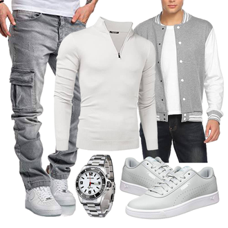 Gepunktet Outfit mit Grau/Hellgrau Frühlingsjacke/Shirtjacke/Sommerjacke/Collegejacke COOFANDY "Herbstlicher Look"
