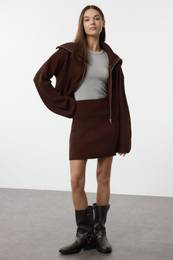 Brown Turn-down Collar Knitwear Top-Bottom Set