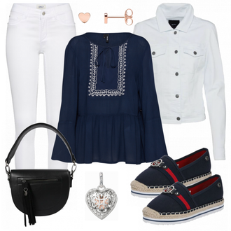 Outfit mit Weiß/Schwarz/Braun Bluse mit Lochstickerei/Bluse Oberteil/Kinderspielzeug/Schößchen­bluse/Verspielte Bluse/Volantbluse/Damen 7/8-Länge Jeans/Cropped Jeans/Schlaghose Jeans/Jeans-Culotte/Bundfaltenjeans/Formelles Hemd/Wide Leg Jean Only "VERO MODA Tunika"