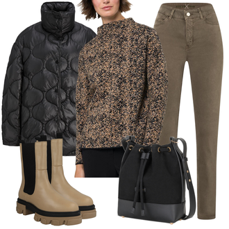 Outfit mit Beige/Braun Chelsea Boot/Lederjacke/Gummistiefelette VERO MODA "Outfit für den Winter"