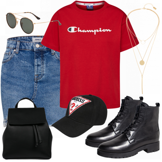 Outfit mit Blau Hut Guess "festival look"