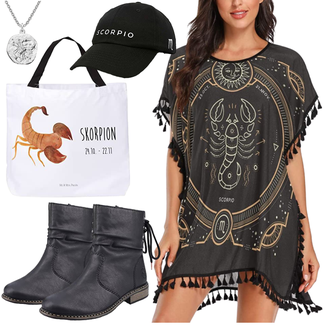 Sternzeichen Outfits Frühling mit Schwarz/Dunkelblau Schnürstiefelette/Klassischer Stiefel/Vintage Stiefelette/Sommerstiefelette/Leder Stiefelette/Gefütterte Stiefelette/Flache Stiefelette Rieker, Grau/Silber Reich verzierte Halskette/Collier/Anhänger "Cooles Sternzeichen Outfits"