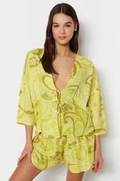 Multicolored Ethnic Patterned Tie/Bow Detailed Woven Pajama Set with Viscose Shorts