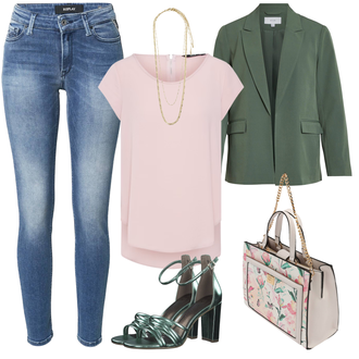 Outfit mit Rosa Bluse Große Größe/Shirt & Top Große Größe/Tunika/Bluse/Bluse Oberteil/Lederjacke/Klassische Tunika/Elegante Tunika/Lederjacke/Kurzarmbluse/Kurzarm-Tunika/Schlupfbluse/Tuniken-Shirt Only "Florales Alltagsoutfit"