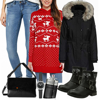 Outfit mit Schwarz/Dunkelblau Kurzmantel/Kapuzenmantel/Mantel mit Reißverschluss/Mantel mit Fellkragen/Wintermantel/Parka Only "Only pullover"