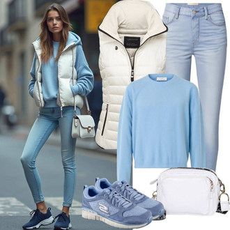 Outfit sa Plava/SvjetloPlava Basic Džemper/Nicky pulover/Jednostavni Džemper/Džemper sa Spuštenim Ramenom/Polo Džemper/Pleteni Džemper/Kašmir Džemper/Izrezani Džemper/Džemper s Okruglim Izrezom VERO MODA "Slobodno vrijeme Outfit"