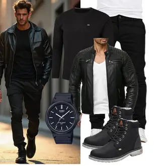Outfit mit Schwarz Jacke mit Seitlichem Reißverschluss/Kunstlederjacke/Motorradjacke/Bikerjacke Redbridge "Freizeit Outfit"