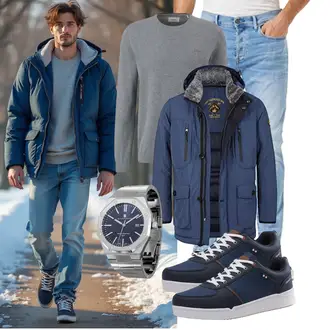 Outfit mit Dunkelblau/Blau/Hellblau Outdoorjacke/Trachtenstrickjacke/2in1 Jacke/Trekkingjacke/Außergewöhnliche Jacke/Winter Parka/Winterjacke/Wachsjacke Jan Vanderstorm "Freizeit Outfit"