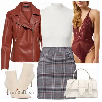 Outfit mit Grau/Dunkelgrau/Dunkelblau/Blau/Lila Short Große Größe/Strick Große/70er Minirock/Boucle Rock/Hahnentritt Rock/Minirock/Karierter Rock/Tweed Rock About You "Modisches Freizeit Outfit"