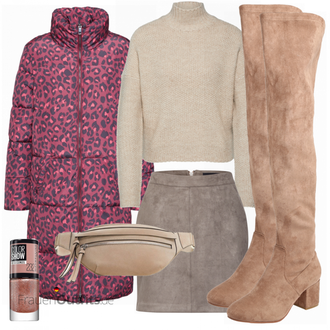 Outfit mit Braun/Beige Overknee Stiefel/Flache Overknee Stiefel/Kniehoher Stiefel/Leder Overknee Stiefel/Langer Stiefel About You "Mantel ERICA"