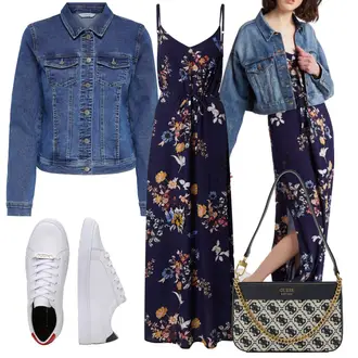 Festlich Outfit mit DunkelBlau/Blau Langes Sommerkleid/Maxikleid/Bedrucktes Kleid About You "Schöner Sommer Look"Look: Rap, Rad, Festlich, Elegant, Hippie, Jazz, Mom, Old Money, Overdressed, Romantisch, Uni