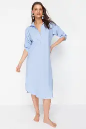 Blue Midi Woven Slit Beach Dress
