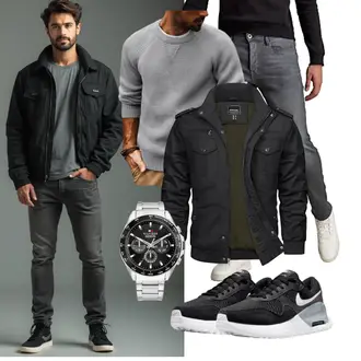 Outfit mit Schwarz/Dunkelgrün/Khaki/Dunkelgrau Uniformjacke/Jacke mit Seitlichem Reißverschluss/Cargojacke/Winterjacke/Herbstjacke/Militärjacke TACVASEN "Freizeit Outfit"