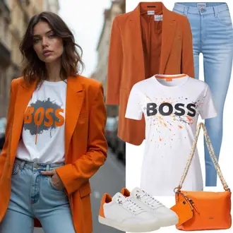 Glamoureus Outfit met oranje Vrijetijdspak/Zakelijk Pak/Leren Herenjas/Dubbelrijige Blazer/Lederen jas/Kostuum/Feestelijk Broekpak/Broekpak Sportief Elegant/Modern Broekpak/Elegant Broekpak/Zakelijk broekpak GARCIA "Casual Business Outfit"Look: Klassiek, Smart Casual, Met transparantie, Kleurblokkering, Elegant, Preppy, Chique, Naadloos, Glamoureus, Edele, Boyfriend, GoGo, Goa, Feestelijk