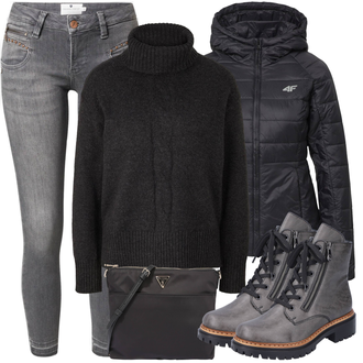 Outfit s Černá Dlouhé Šaty/Taška/Dlouhý Zimní Kabát/Doplňek/Dlouhá tylová sukně Guess "Zimní Outfit"