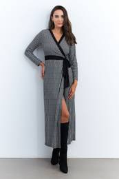 Women's Black-Ecru Double Breasted Houndstooth Maxi Dress