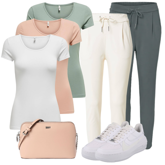 Outfit mit Creme/Weiß/Beige/Khaki Hose Große Größe/Fleecehose/High Waist Hose/Jogger Hose/Musselin Hose/Sporthose/Steghose/Jogginghose/Thermohose VERO MODA "Modischer Sommer Look"
