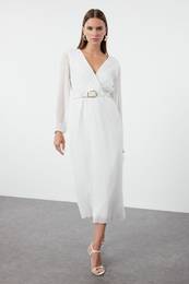 Ecru Belted A-Line Pleated Maxi Lined Chiffon Woven Dress