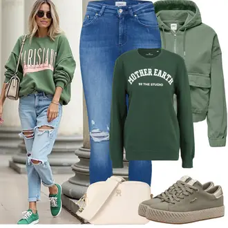 Outfit sa Tamnozelena/Zeleno Sweater majica/Parka velike veličine Only "Proljetni Outfit"