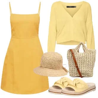 Outfit mit Gelb/Braun Kleid Große Größe/A-Linien Kleid/Cord Kleid/Kleid mit Tasche/Trägerkleid/Latzkleid/Etuikleid/Ärmelloses Kleid/Spaghettiträger Kleid/Sommerkleid/Strapskleid A Lot Less "Sommer outfit"