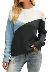 Onfettic Damen Strickpullover Winter Langarm Farbblock Casual Pullover Rundhals Lose Mode Sweatshirt（Blau,M
