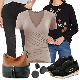 Outfit mit Schwarz/Dunkelgrau/Khaki/Dunkelgrün/Dunkelblau Low Rise Jean/Thermojeans/Leder Schuhe/Winterjacke/Lederjacke/Biker Jeans Mustang "Herbst Outfit für den Alltag"