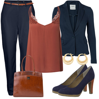 Outfit sa Smeđa/Narandžasta/Bež Torba/Maska/Novčanik/Collier Usha BLACK LABEL "Moderni outfit za ured"