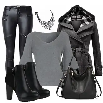 Mit Fransen Outfit mit Schwarz Lederjacke/Stiefel Mit Reißverschluss/High Heels Stiefel/Plateaustiefelette/Leder Stiefelette/Gefütterte Stiefelette/Klassische Stiefelette Stiefelparadies "Black"