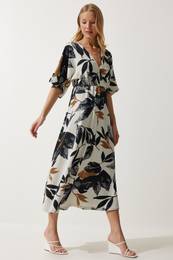 Happiness stanbul Women's Ecru Black Wrapover Neck Patterned Knitted Dress