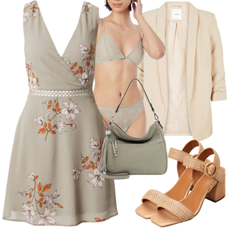 Elegantní Outfit s Béžová/Hnědá/Fialová/Khaki Vintage šaty/Šaty Do Áčka/Šaty Bez Rukávů/Elegantní Šaty/Šaty S Potiskem/Šaty na Podzim/Letní Šaty/Společenské šaty pro hosta/Pouzdrové Šaty/Zavinovací Šaty About You "Módní letní vzhled"Look: Lehký, Příliš oblečený, Romantický, Elegantní, Extravagantní, 80tá léta