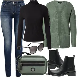 Outfit mit Schwarz Chelsea Boot/Leder Stiefelette/Gefütterte Stiefelette/Lederjacke/Flache Stiefelette Only "Perfekt für den Herbst"