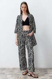 Black Printed Comfortable Cut Flexible Kimono Knitted Bottom-Top Set
