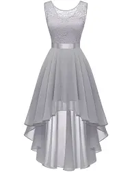 BeryLove Damen Spitzenkleid Elegant Vokuhila Cocktailkleid Ärmellos Abendkleid Chiffon Brautjungfer Kleid BLP7035 Grey S